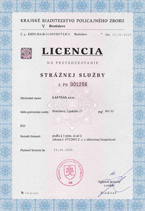 Licencia STRÁŽNEJ SLUŽBY